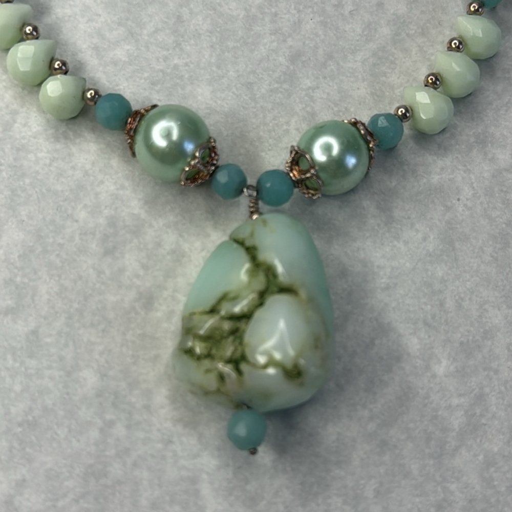 Larimar Chalcedony necklace glass pearl drop silver - Picture 4 of 5